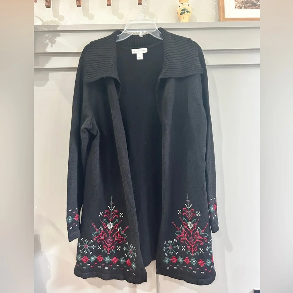 Christopher & Banks Long Black Open Front Cardigan With Folk Style Embroidery